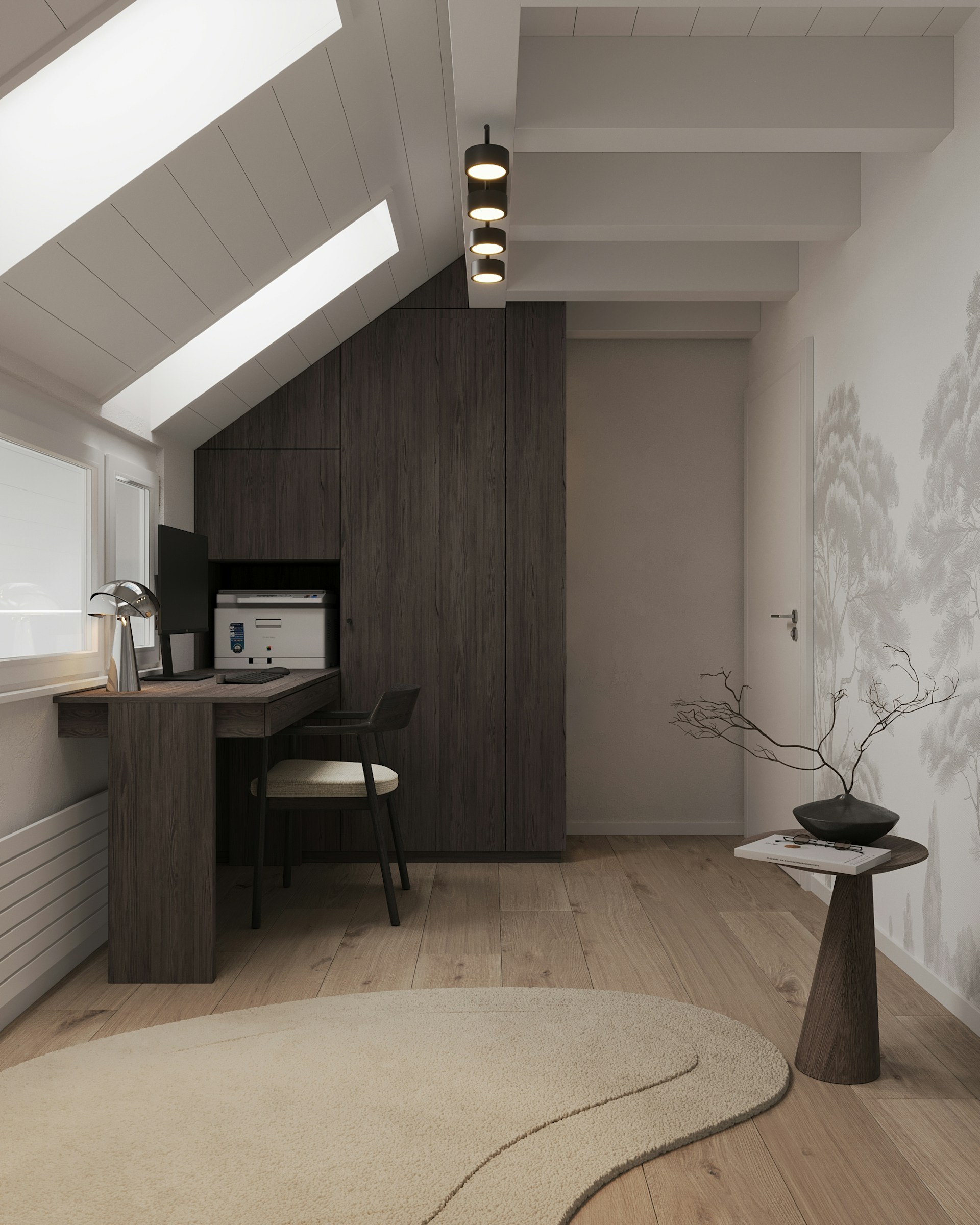 Minimalist home office with dark wood desk and chair, skylights, a side table with decorative branches, and light wood flooring.