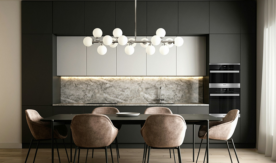 Modern kitchen with dark cabinets, marble backsplash, six beige chairs around a black dining table, and a chandelier with multiple white globe lights.